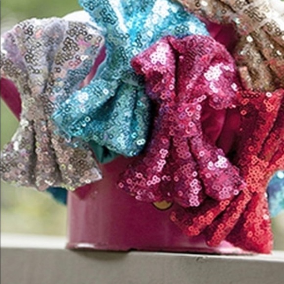 Silver Sequin Bow Headband for Girls on Black Comfy Stretch Knit - Picture 3 of 5